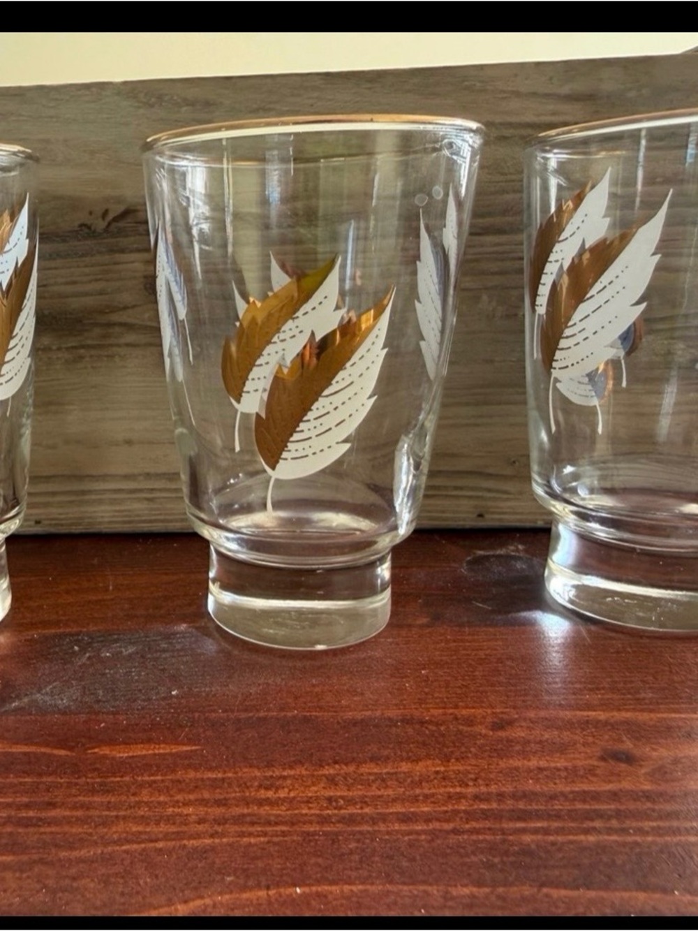 Vintage MCM Libbey Gold & White Leaf / Feather Glass Tumbler - Set of 3